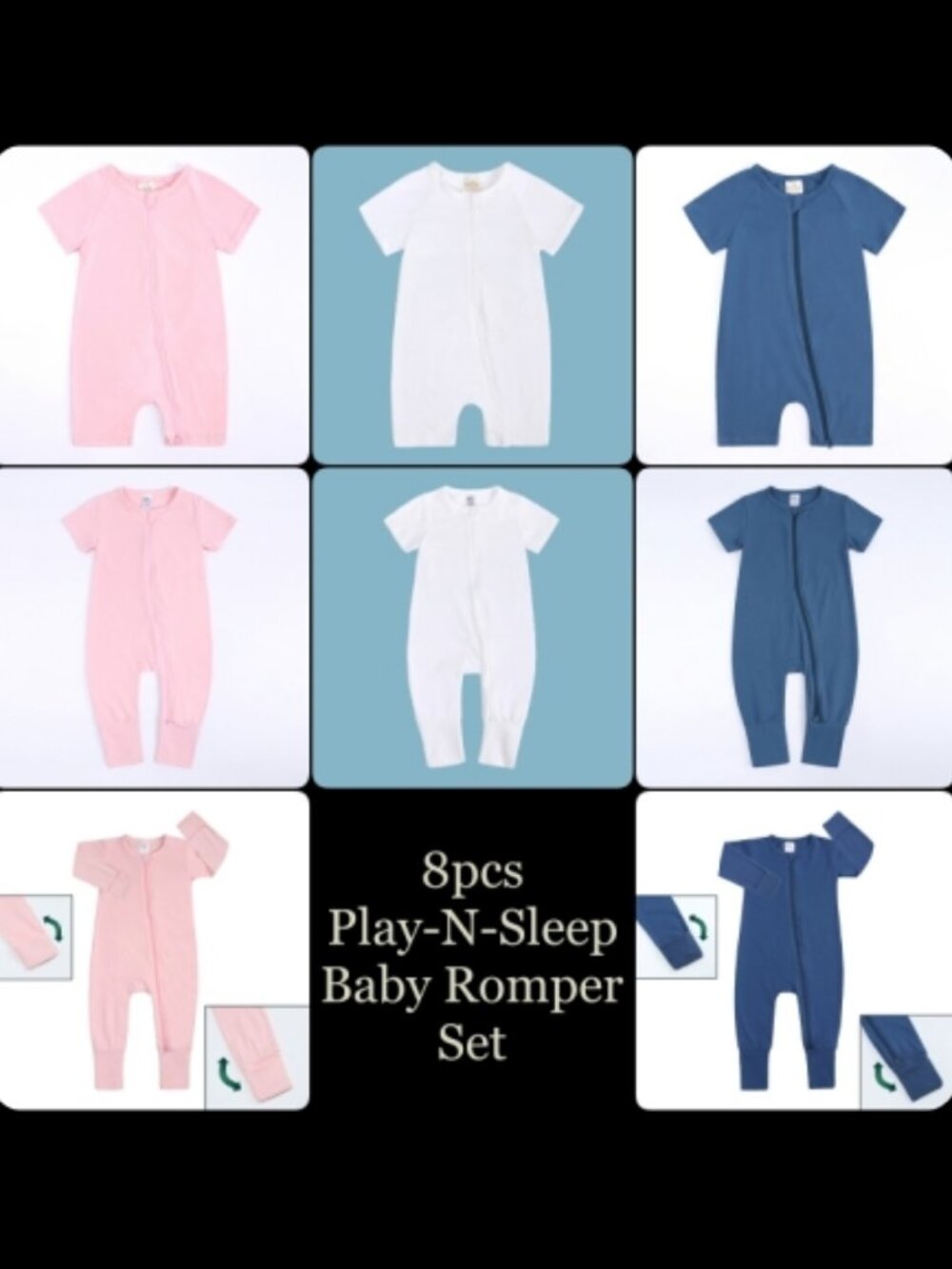 8pcs Lot Baby Romper Bodysuit Cotton Long Short Sleeve Mittens Footed Double Zip